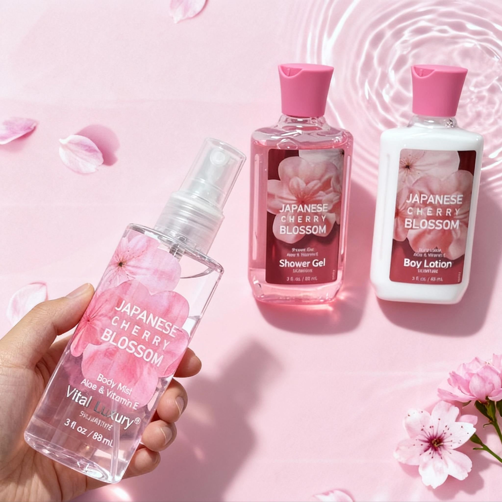 3-piece Set Japanese Cherry Blossom Spa Set With Natural Extracts-Shower Gel, Body Lotion, Body Mist, Bath And Body Gift Set For Women And Girls, Body Care Travel Set For Birthday Mother's Day Gifts