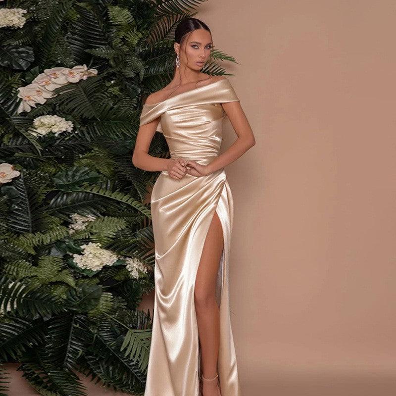 Elegant Off-Shoulder Satin Slit Gown
