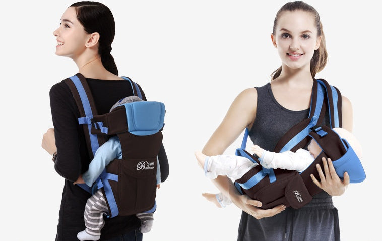 Ergonomic baby carrier with hip seat for back pain relief.