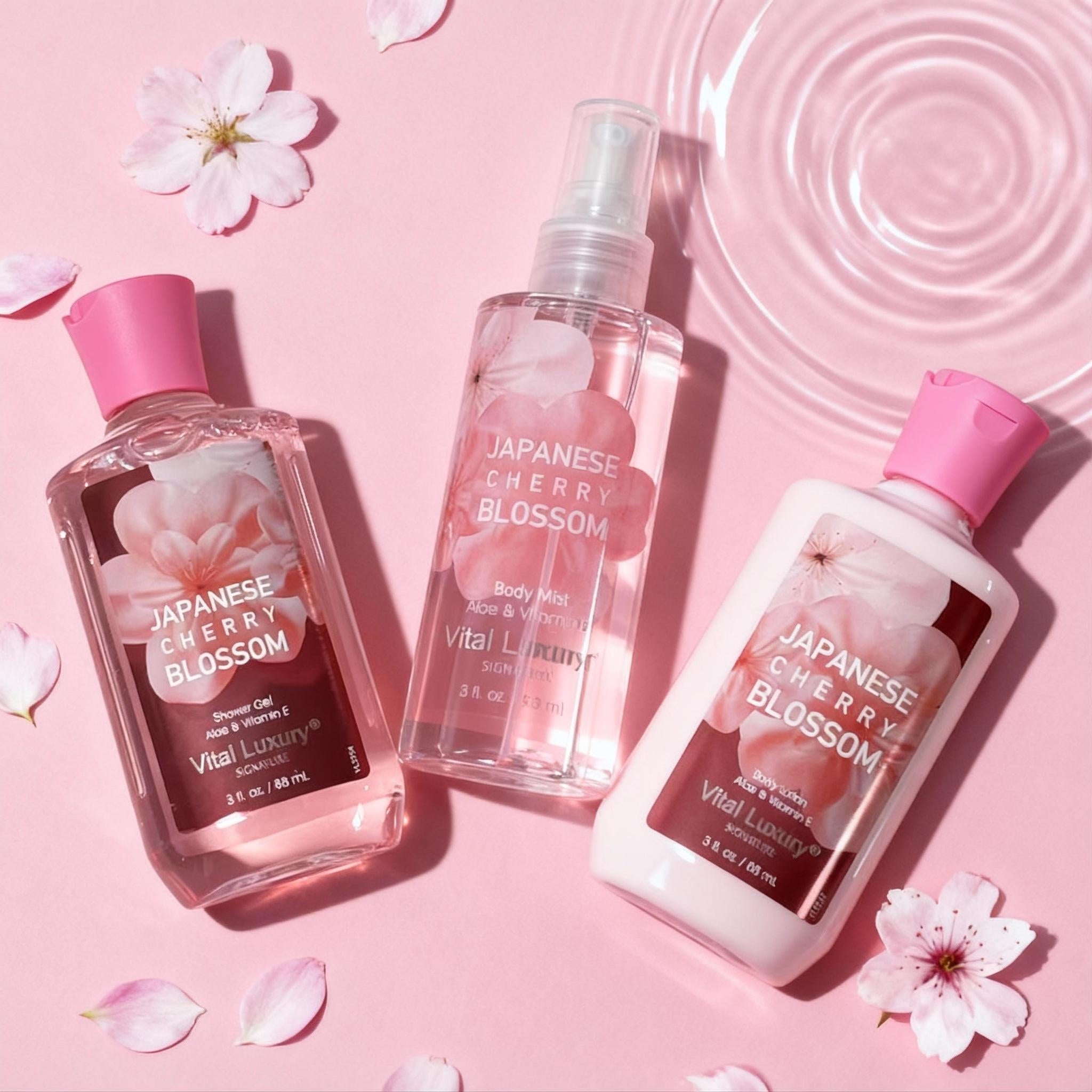 3-piece Set Japanese Cherry Blossom Spa Set With Natural Extracts-Shower Gel, Body Lotion, Body Mist, Bath And Body Gift Set For Women And Girls, Body Care Travel Set For Birthday Mother's Day Gifts