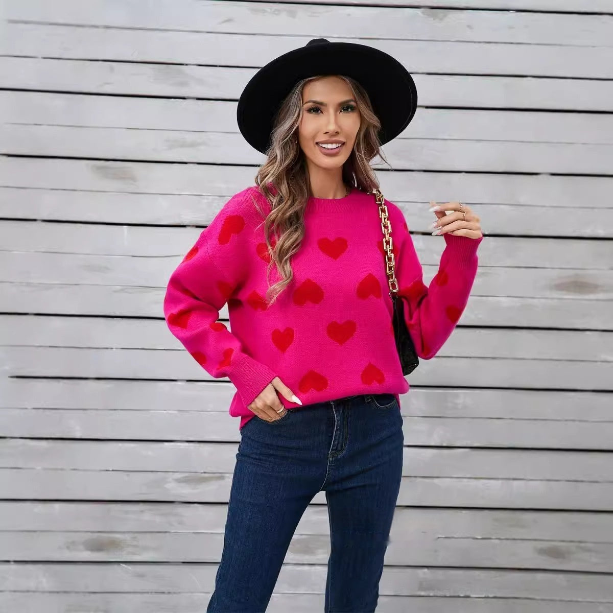 New Womens Heart Shaped Sweater For Valentines Day Crew Neck Plus Size