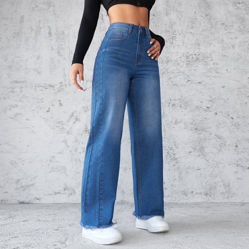 Fashion Straight Wide-leg Jeans Casual High-waist Non-elastic Womens