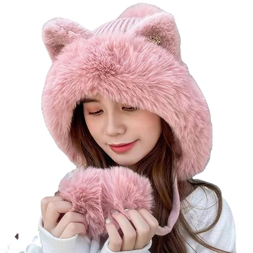 Cute Cat Ears Winter Hat Add Fluff Lined Windproof Warm Beanies With