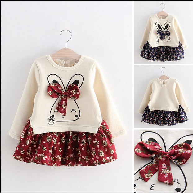 Autumn Girls Floral Bow Velvet Dress | Kids Clothing