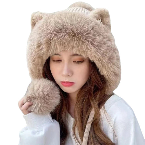 Cute Cat Ears Winter Hat Add Fluff Lined Windproof Warm Beanies With