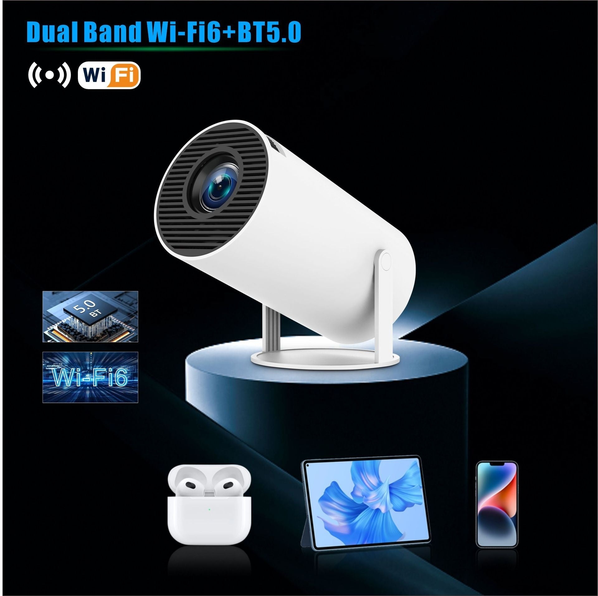 HY300 Pro portable projector projecting 4K movie on the ceiling
