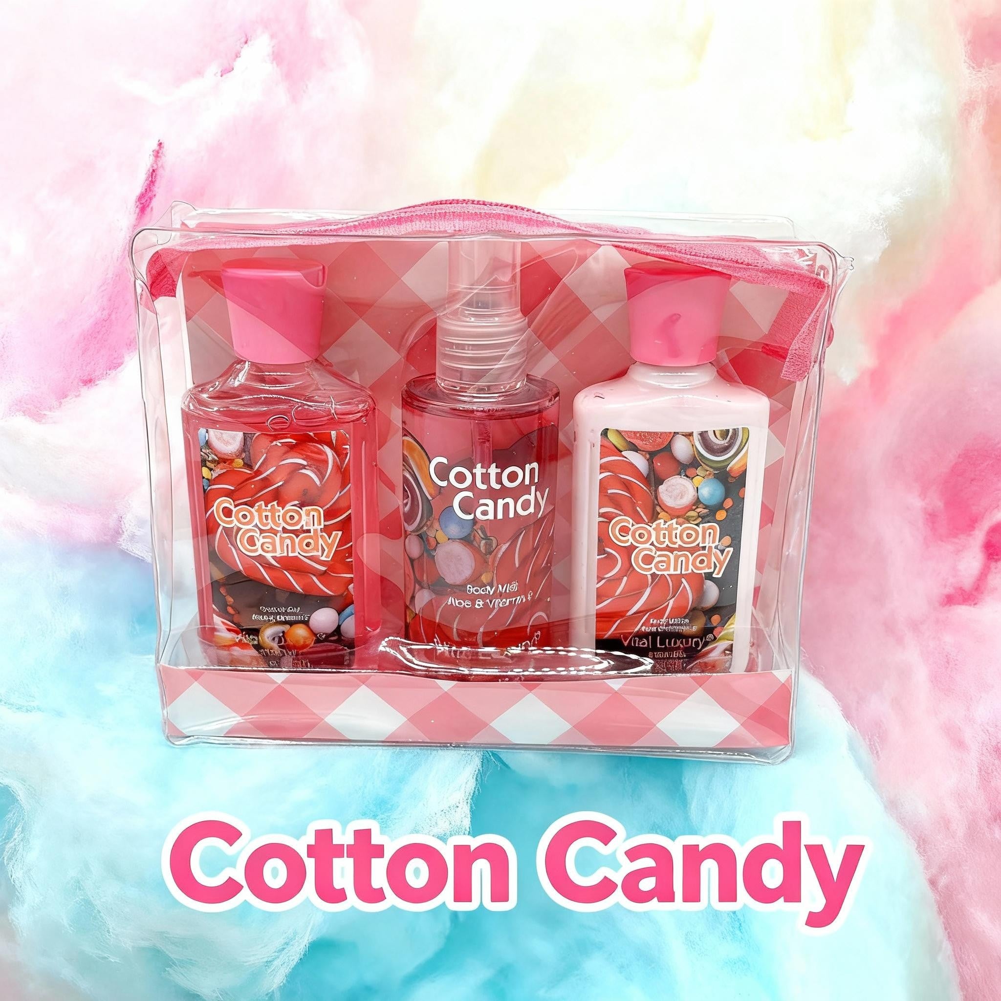 3-Piece Cotton Candy Bath & Body Care Travel Set, Home Spa Gift Set Includes Body Lotion, Shower Gel, And Fragrance Mist, Personal Body Care Travel Set, Birthday Mother's Valentine's Day Gifts