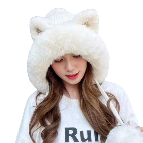 Cute Cat Ears Winter Hat Add Fluff Lined Windproof Warm Beanies With