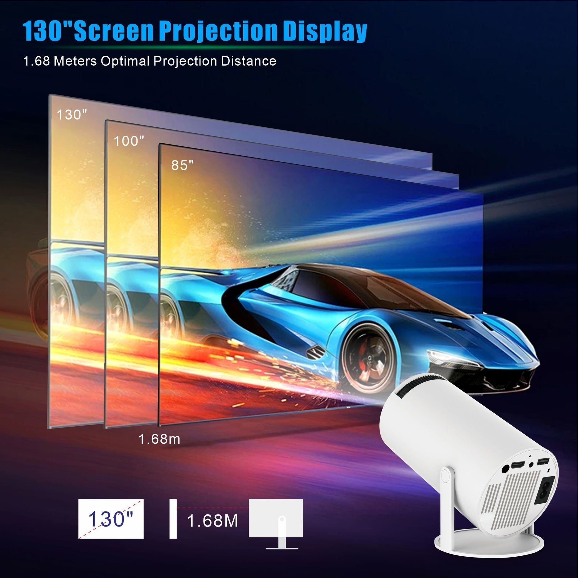 HY300 Pro portable projector projecting 4K movie on the ceiling