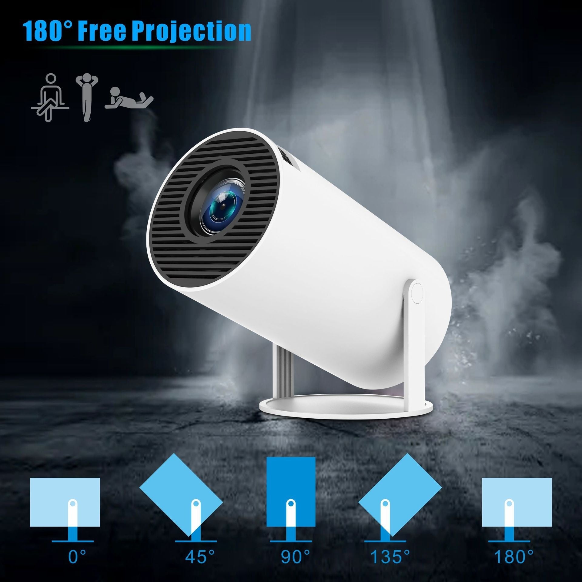 HY300 Pro portable projector projecting 4K movie on the ceiling