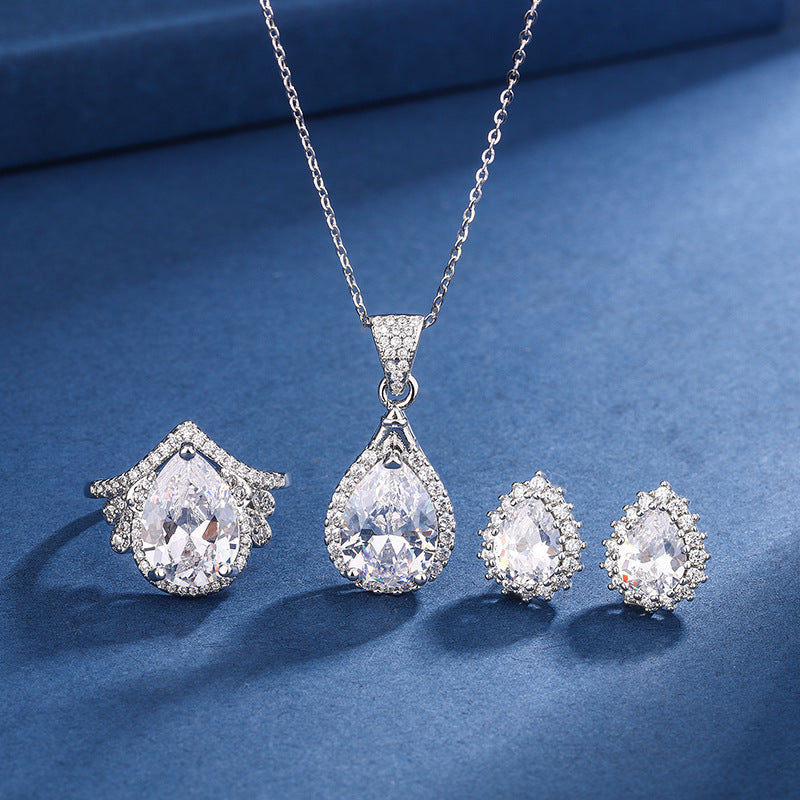 Water Drop Pendant Necklace Ring Stud Earrings Three-piece Set