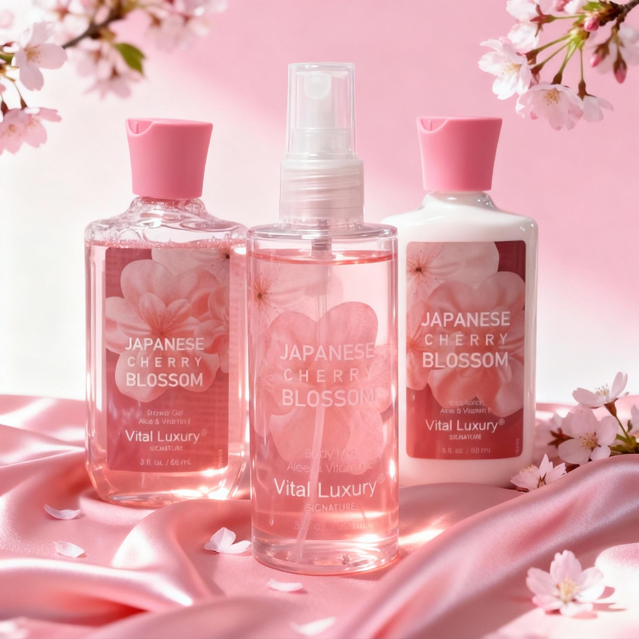 3-piece Set Japanese Cherry Blossom Spa Set With Natural Extracts-Shower Gel, Body Lotion, Body Mist, Bath And Body Gift Set For Women And Girls, Body Care Travel Set For Birthday Mother's Day Gifts