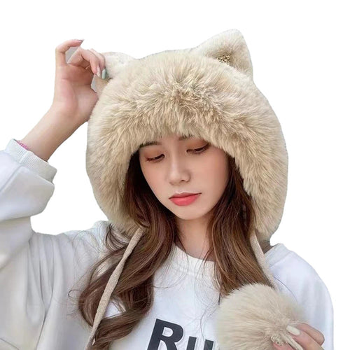 Cute Cat Ears Winter Hat Add Fluff Lined Windproof Warm Beanies With