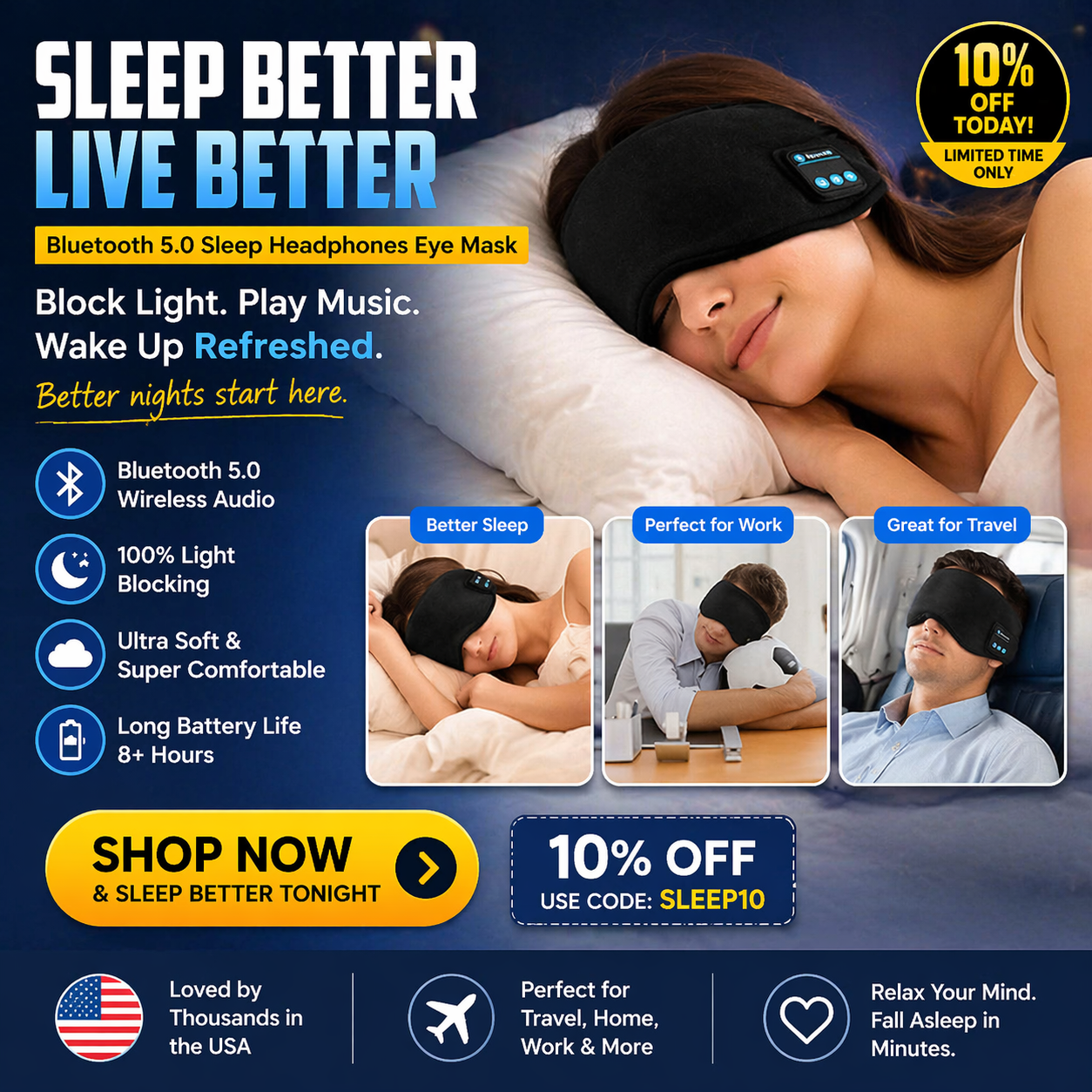 Bluetooth 5.0 Sleep Headphones Eye Mask - Wireless Music Headband
