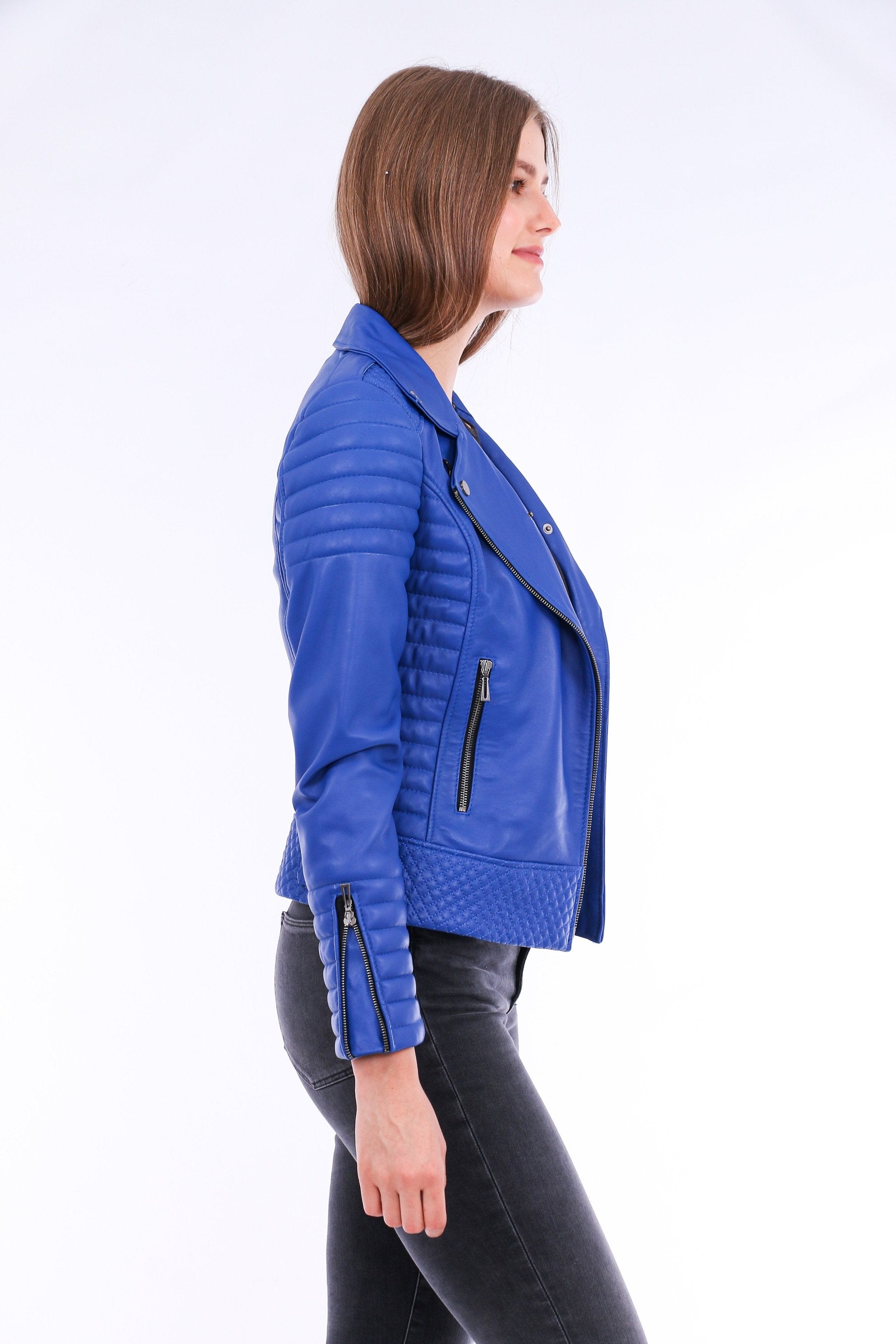 Milani Quilted Leather Biker Jacket - Blue