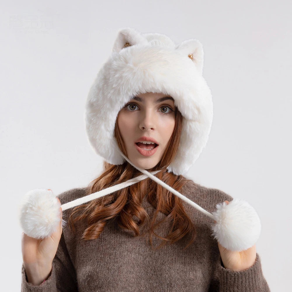 Cute Cat Ears Winter Hat Add Fluff Lined Windproof Warm Beanies With