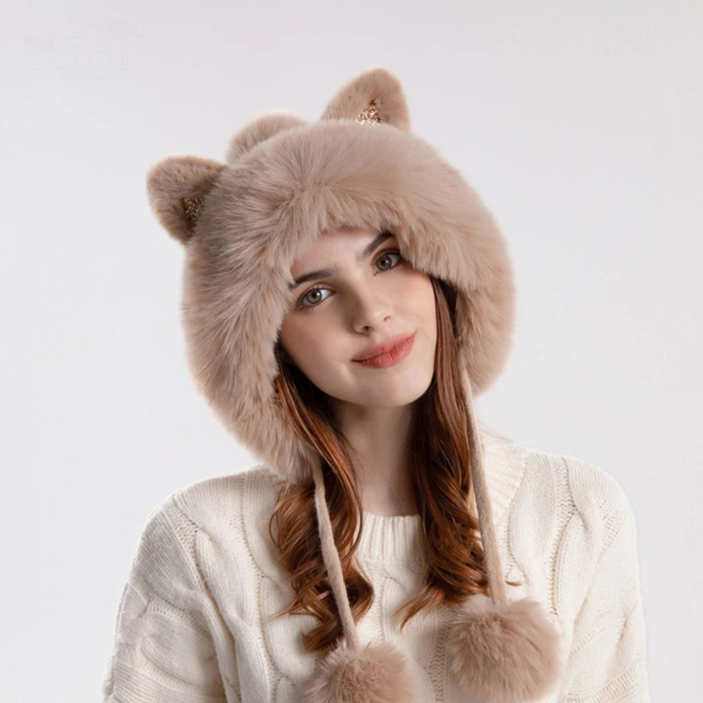 Cute Cat Ears Winter Hat Add Fluff Lined Windproof Warm Beanies With