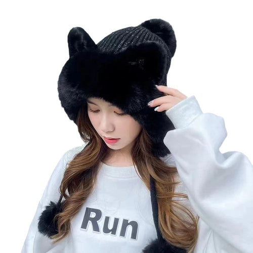 Cute Cat Ears Winter Hat Add Fluff Lined Windproof Warm Beanies With