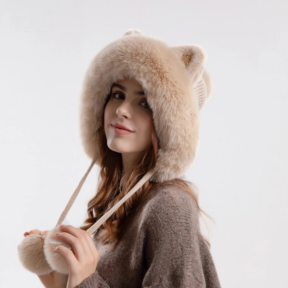 Cute Cat Ears Winter Hat Add Fluff Lined Windproof Warm Beanies With