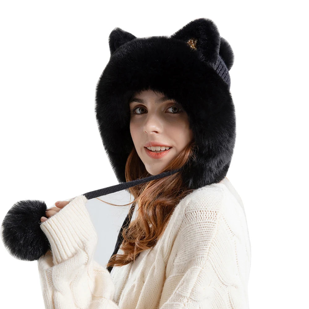 Cute Cat Ears Winter Hat Add Fluff Lined Windproof Warm Beanies With