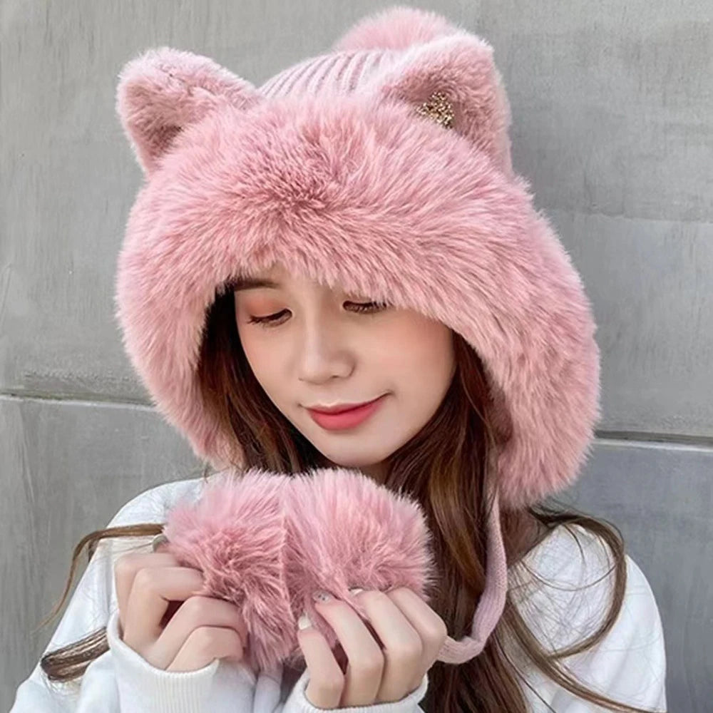 Cute Cat Ears Winter Hat Add Fluff Lined Windproof Warm Beanies With