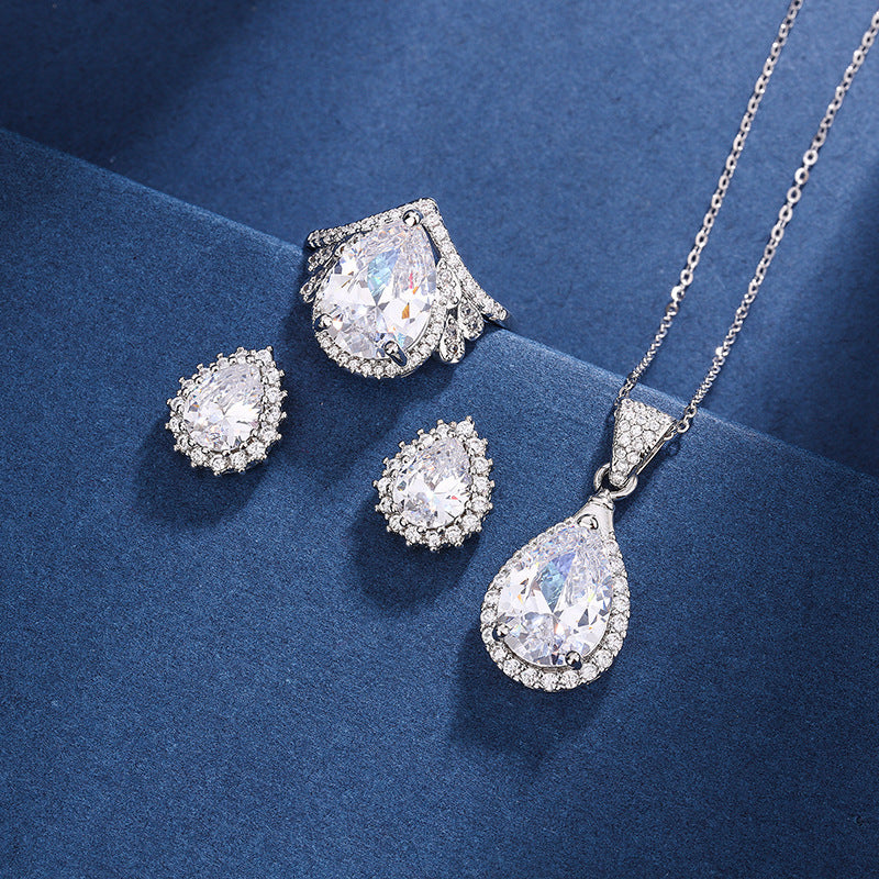 Water Drop Pendant Necklace Ring Stud Earrings Three-piece Set