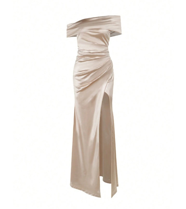 Elegant Off-Shoulder Satin Slit Gown