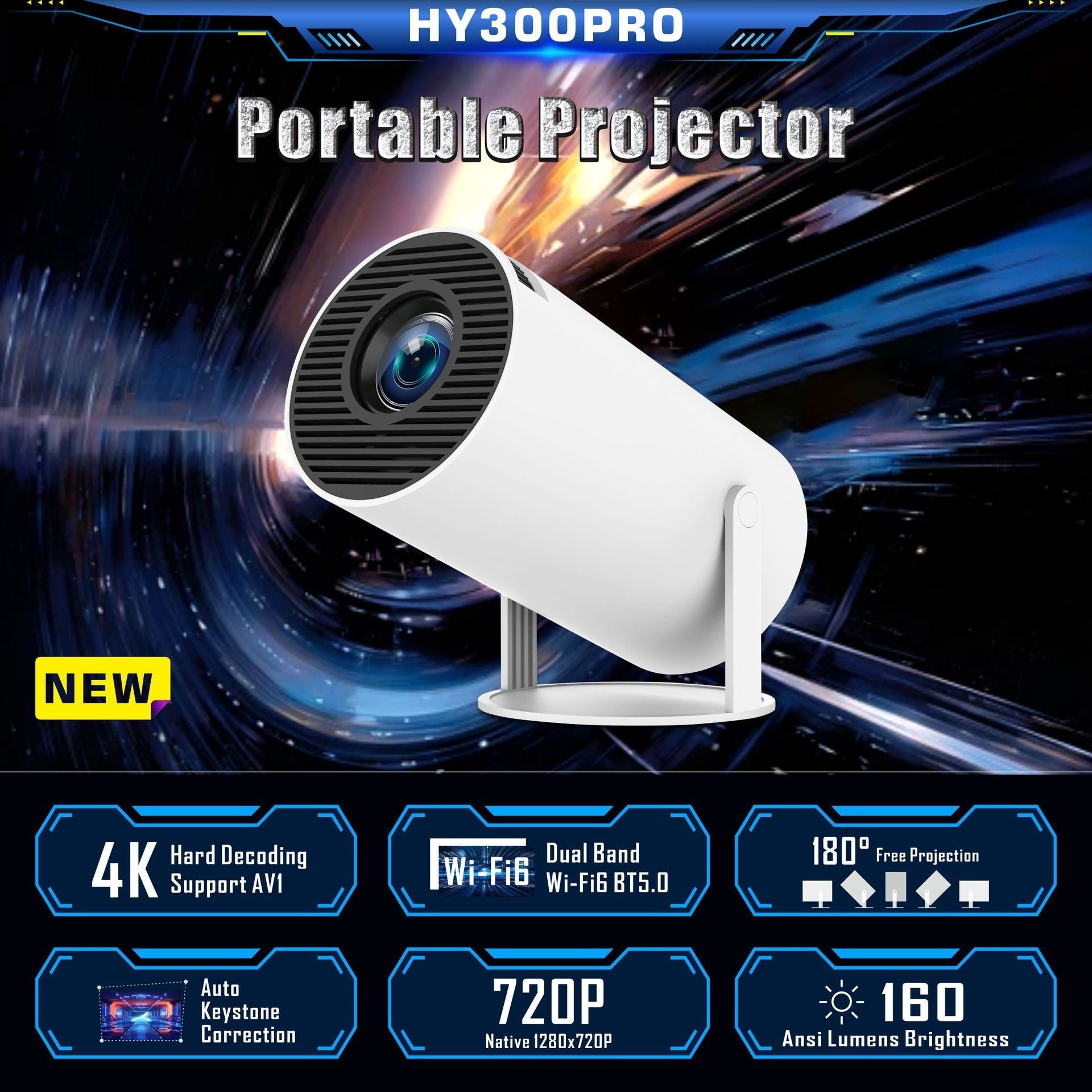 HY300 Pro portable projector projecting 4K movie on the ceiling