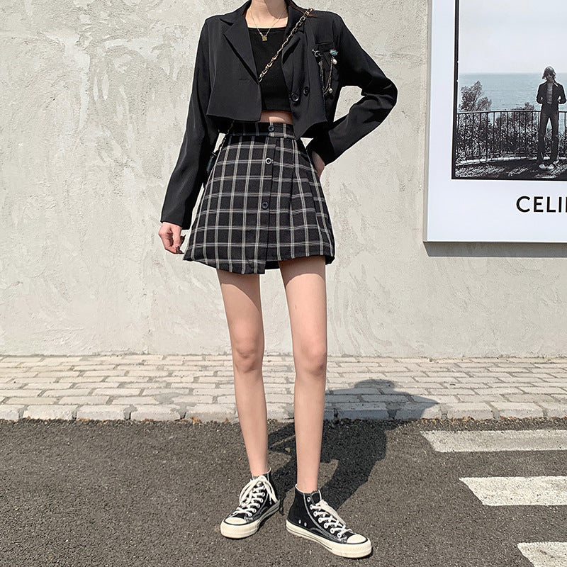 High Waist Slim Fashion Casual Plaid Pleated Skirt
