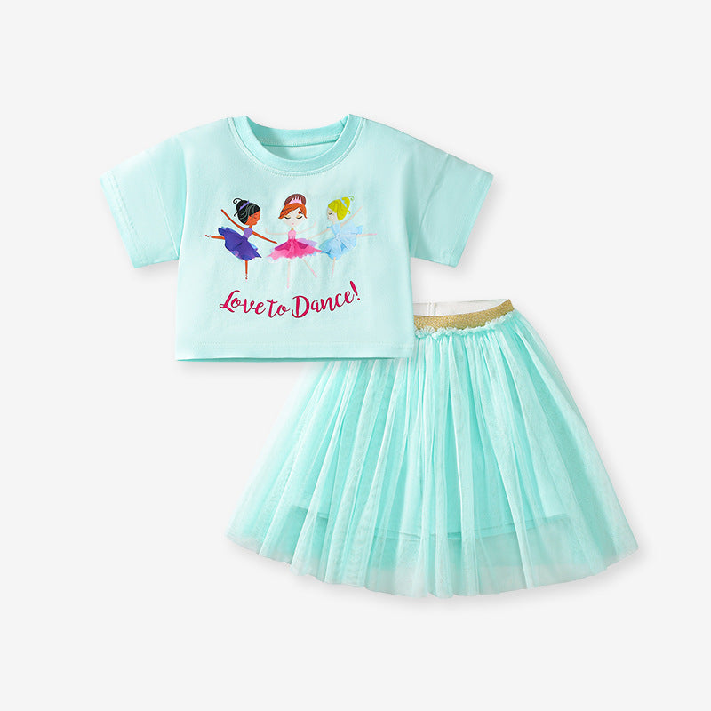 Summer Baby Kids Princess Cartoon Pattern T-shirt and Tulle Skirt