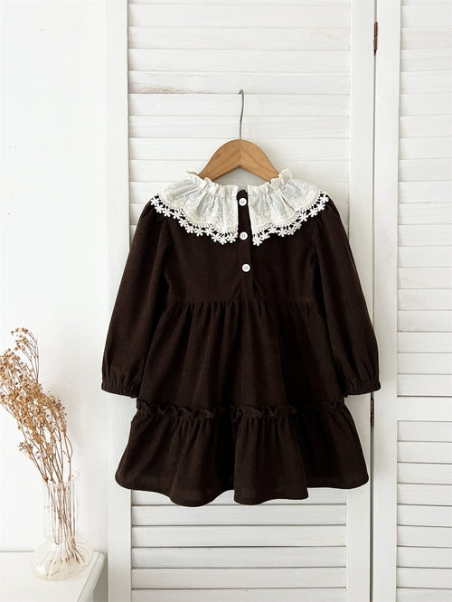 Spring and Autumn Corduroy Long-sleeved Dress with Lace Collar for