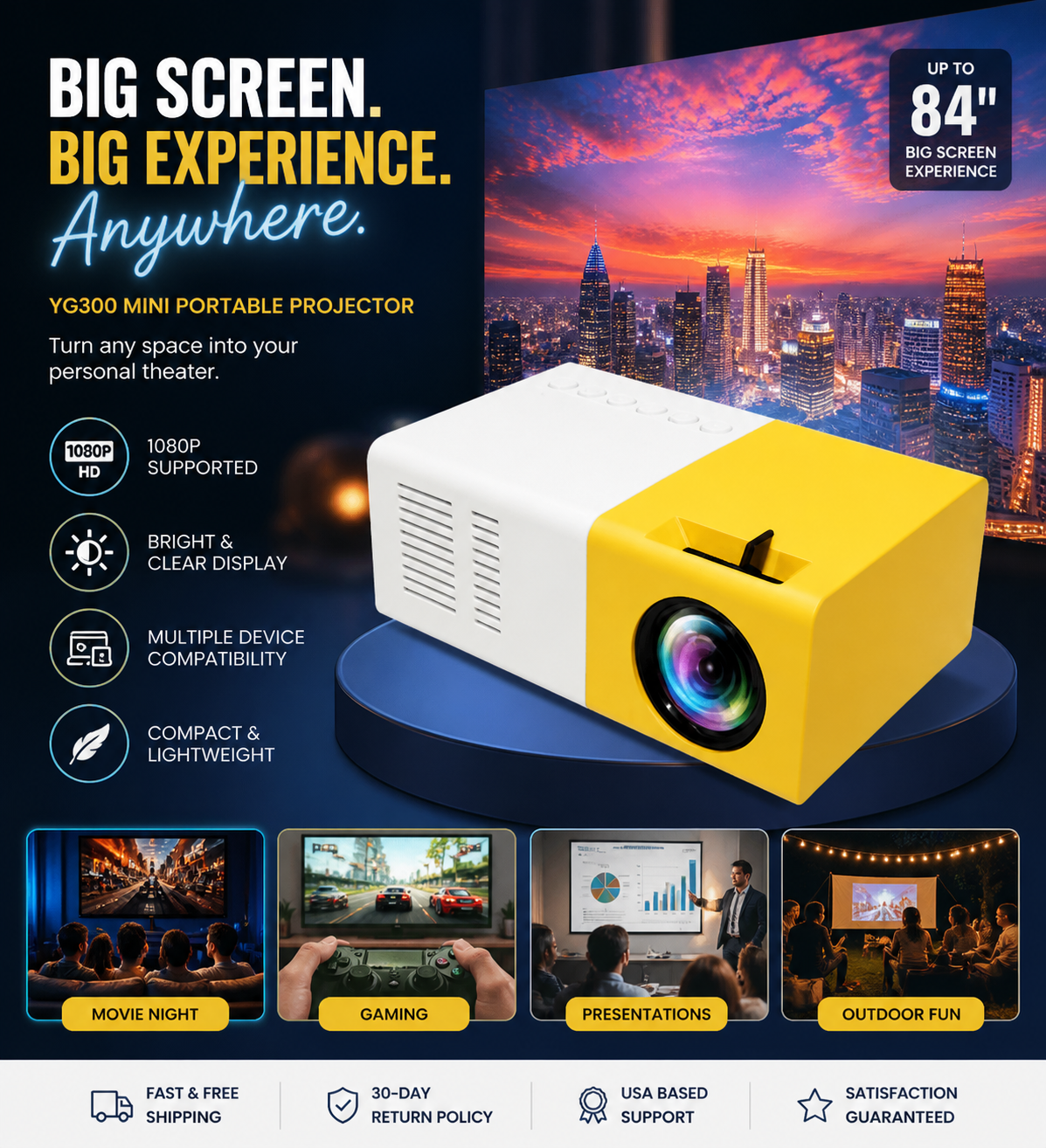 YG300 Mini Portable Projector - 1080P HD Home Theater Cinema