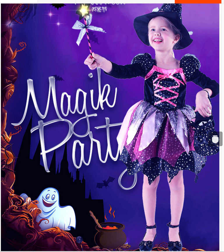 Baby girl in cute witch costume for Halloween party