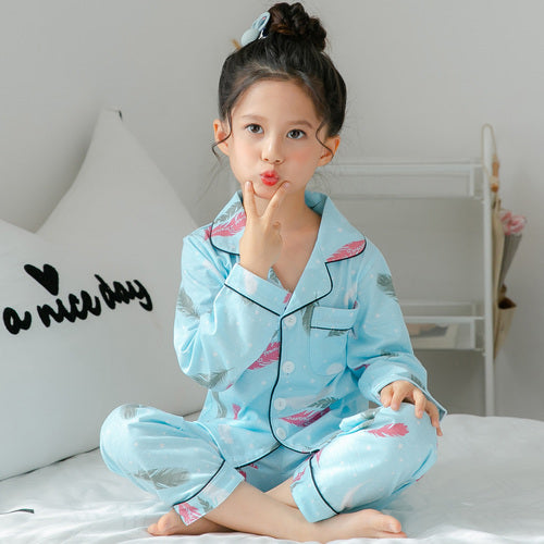 Children's Girls Cotton Pajamas Set – Cute Long-Sleeve Home Wear for Big Kids