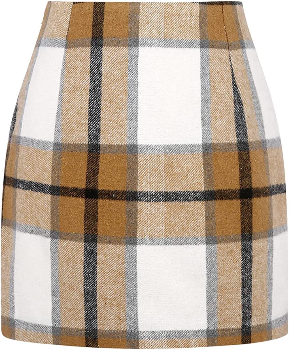 Women's High Waist Plaid Tight Pencil Wool Mini Skirt