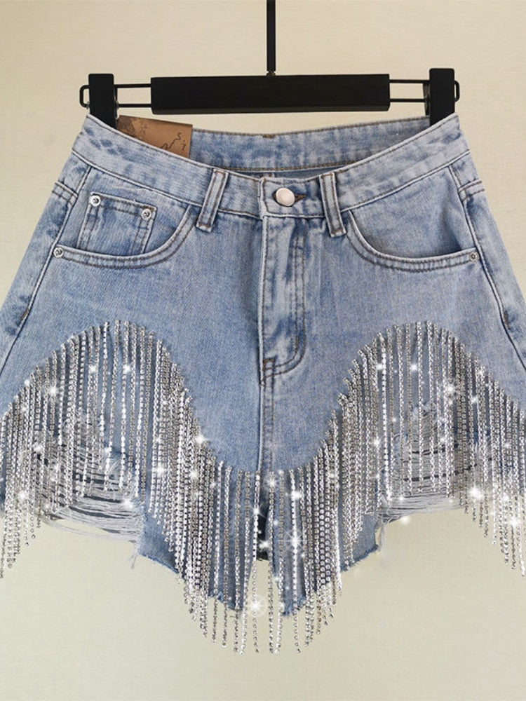 Summer Ripped Jeans Short Femme High Waist Diamond Tassel Y2k Casual