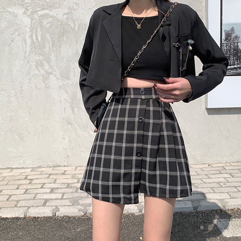 High Waist Slim Fashion Casual Plaid Pleated Skirt