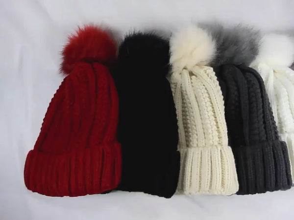 Winter Knitted Hats Fashion Stretchy Lined Skull Hats For Women Faux Fur Pom Pom Hat Keep Warming Beanie Hat