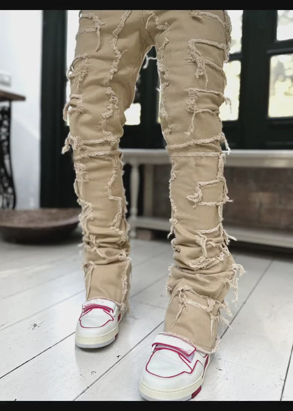 Ins Fringes Ripped Trousers Individual Patched Pants Long Tight Fit Stacked Jeans For Mens Clothing