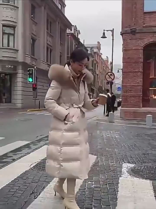 Winter Slim Long Jacket With Fur Hood And Belt Fashion Solid Hooded Coat Warm Clothing For Women