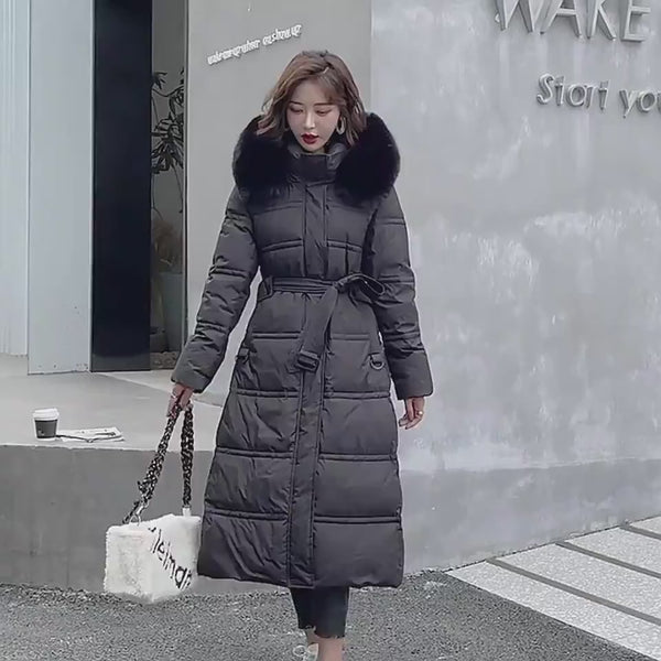 Winter Slim Long Jacket With Fur Hood And Belt Fashion Solid Hooded Coat Warm Clothing For Women