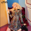 Floral Jacquard Bows Casual Women Mini Dress,Spring Vintage Contrast