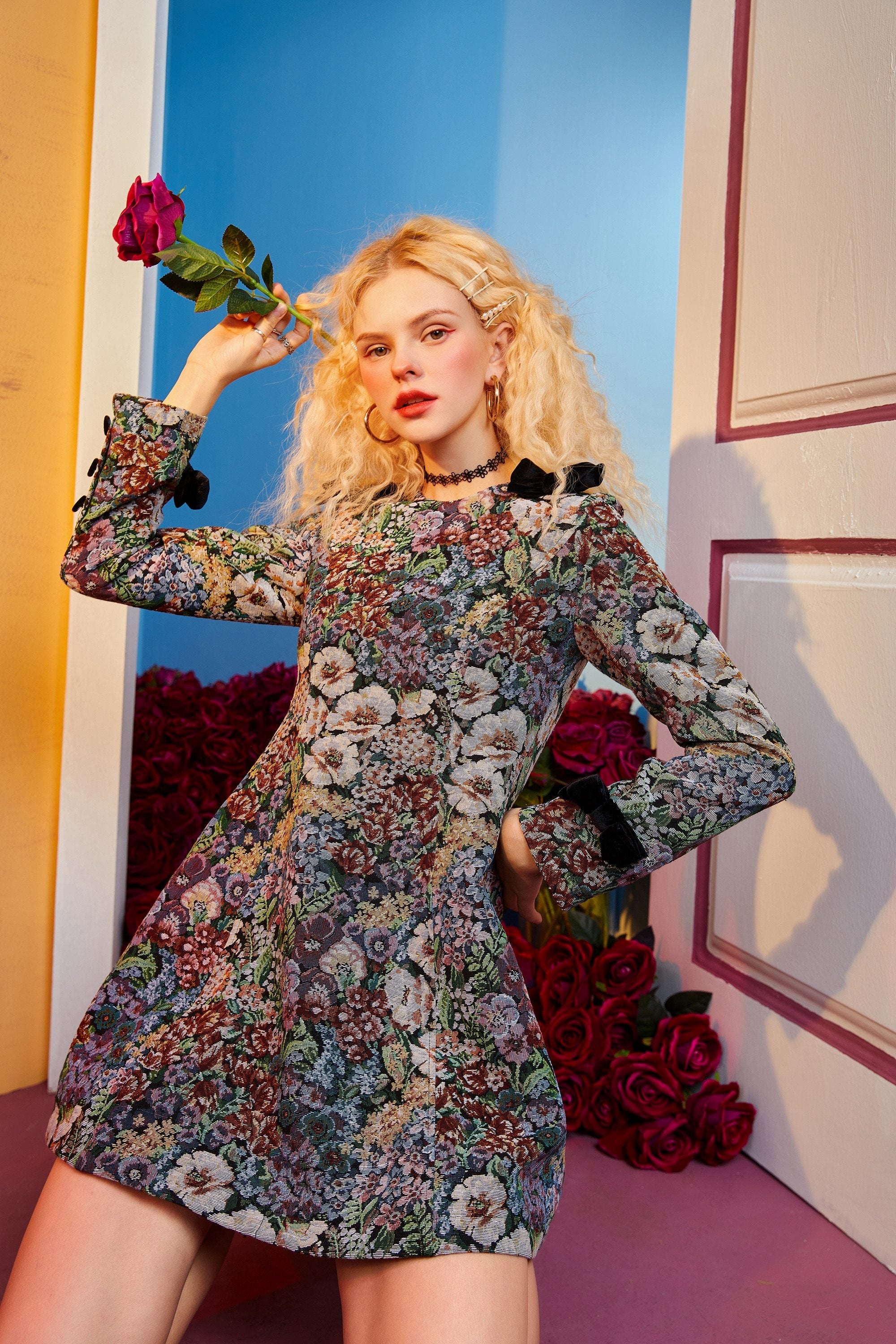 Floral Jacquard Bows Casual Women Mini Dress,Spring Vintage Contrast